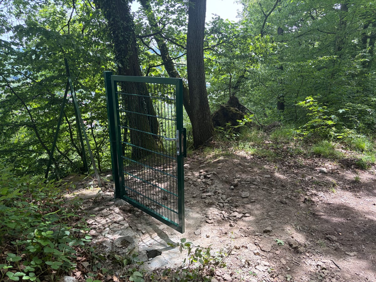 Ein verschließbares Gartentor, mitten im Wald - ohne Zaun
